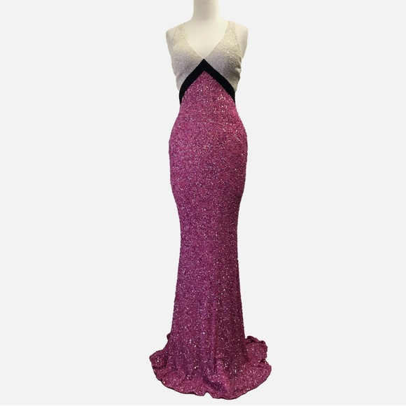 Scala Plunging V Neck Sequin Beaded Long Gown